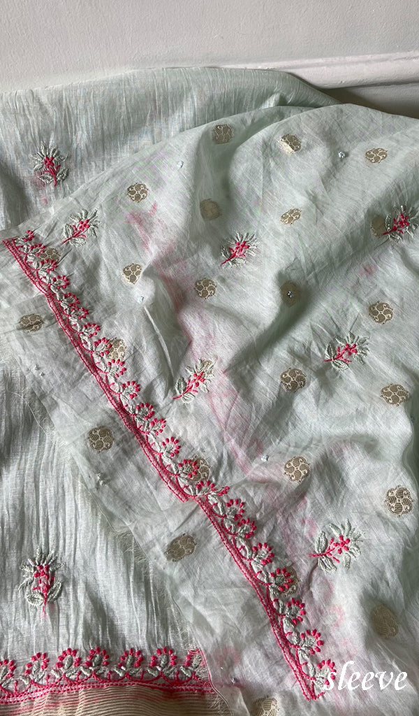 Women's Lakhnavi Handcrafted Mul Chanderi Unstitched Chikankari Full Suit - HONC03522040