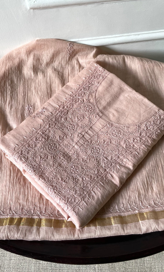 Women's Lakhnavi Handcrafted Mul Chanderi Unstitched Chikankari Full Suit Material - HONC0319535