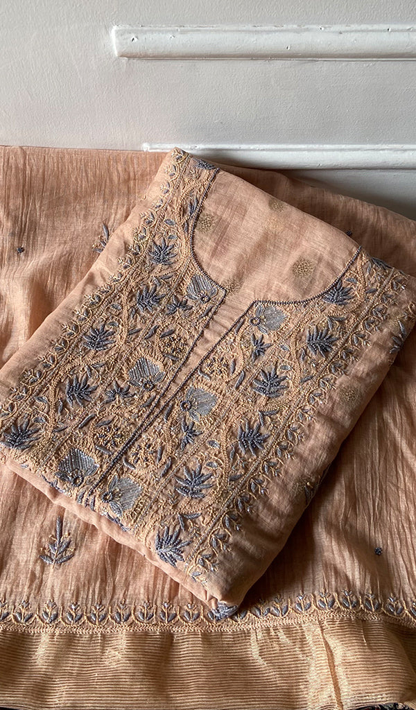 Women's Lakhnavi Handcrafted Mul Chanderi Unstitched Chikankari Full Suit - 3