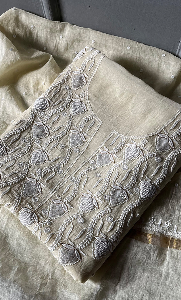 Jazba Women's Lakhnavi Handcrafted Mul Chanderi UnStitched Kurta And Dupatta Set - HONC0301694