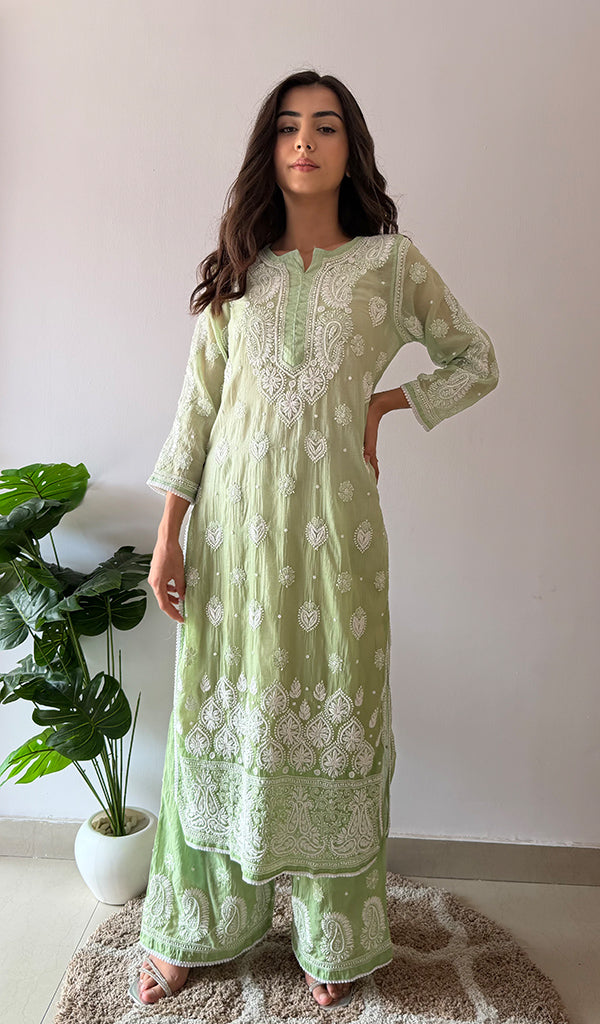 Women's Lucknowi Handcrafted Mul Chanderi Stitched Chikankari Kurta And Plazzo Set- HONC0378791
