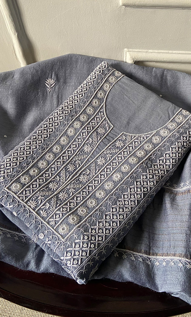 Women's Lakhnavi Handcrafted Unstitched Munga Silk Chikankari Kurta And Dupatta Set- HONC0268577
