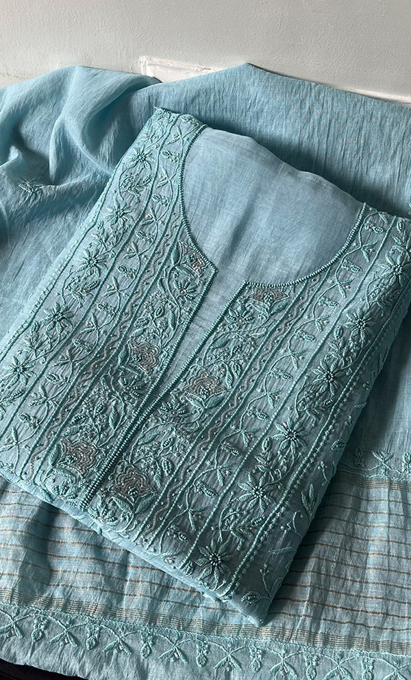 Women's Lakhnavi Handcrafted Mul Chanderi Unstitched Kurta And Dupatta Set - HONC0294444
