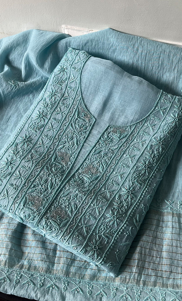 Women's Lakhnavi Handcrafted Mul Chanderi Unstitched Kurta And Dupatta Set - HONC0294444