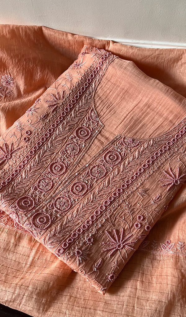 Women's Lakhnavi Handcrafted Mul Chanderi Unstitched Kurta And Dupatta Set - HONC0280848