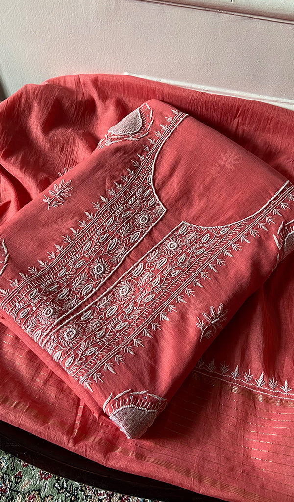 Women's Lakhnavi Handcrafted Mul Chanderi Unstitched Chikankari Full Suit Material - HONC0338249