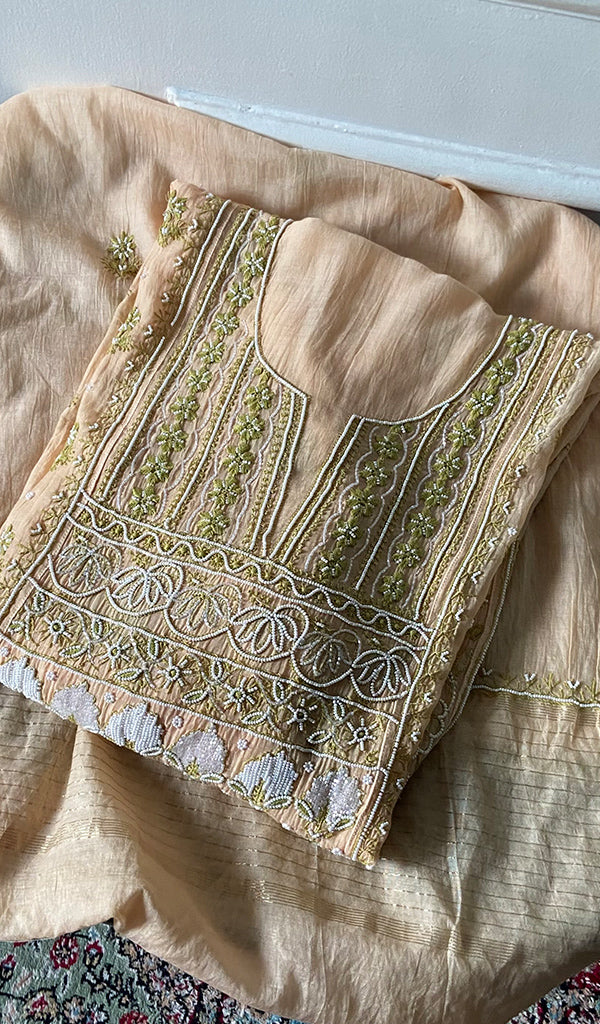 Women's Lakhnavi Handcrafted Mul Chanderi Semi - Stitched Kurta And Dupatta Set - HONC0376011