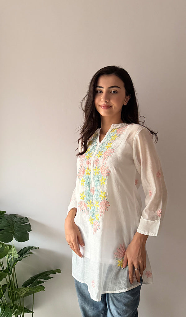Sophia Women's Lakhnavi Handcrafted Mul Chanderi Chikankari Top - HONC0372942