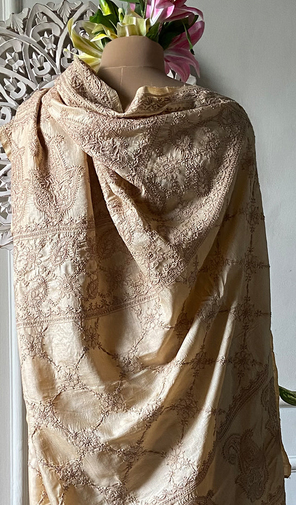 Women's Lakhnavi Handcrafted Tussar Silk Chikankari Saree - HONC0342570