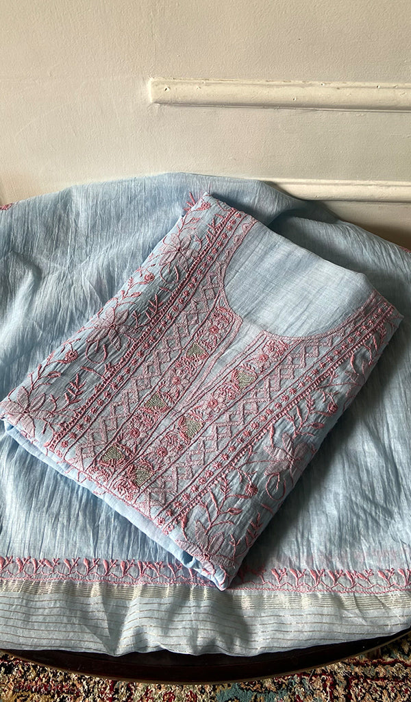 Women's Lakhnavi Handcrafted Mul Chanderi Unstitched Chikankari Full Suit - HONC0345362
