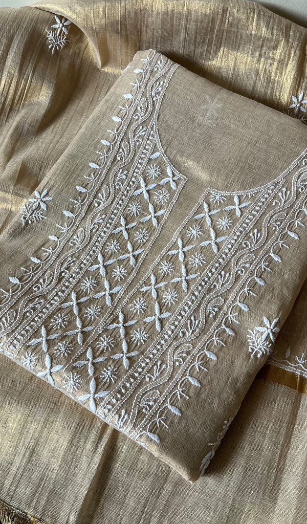 Women's Lakhnavi Handcrafted Tissue Chanderi Chikankari Kurta Dupatta Set - HONC0271953