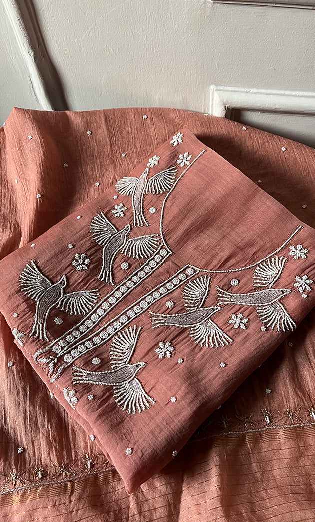 Chidiya Women's Lakhnavi Handcrafted Mul Chanderi Unstitched Kurta And Dupatta Set- HONC0330293