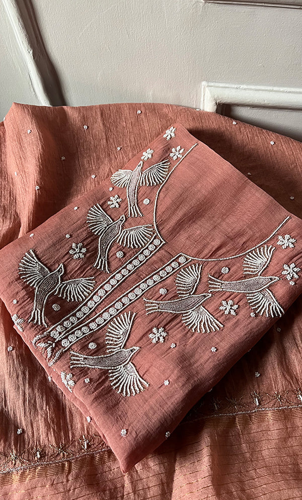 Chidiya Women's Lakhnavi Handcrafted Mul Chanderi Unstitched Kurta And Dupatta Set- HONC0330293