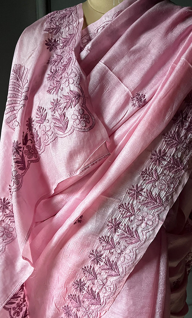 Women's Lakhnavi Handcrafted Tussar Silk Chikankari Saree - HONC0284161