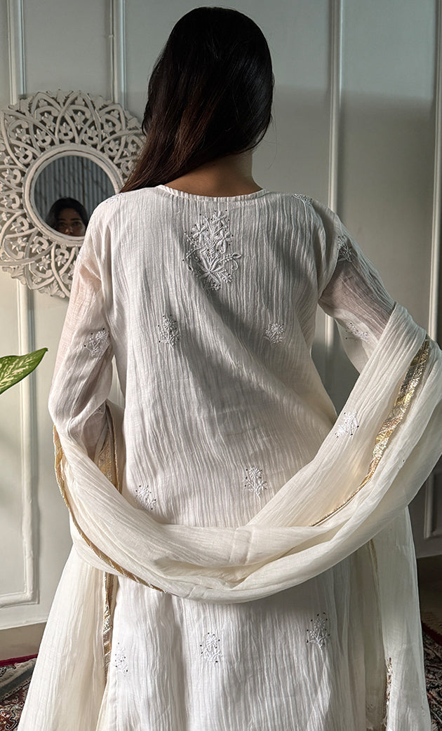 Women's Lakhnavi Handcrafted Mul Chanderi Chikankari Stitched Kurta, Dupatta And Gharara Set - HONC0324079