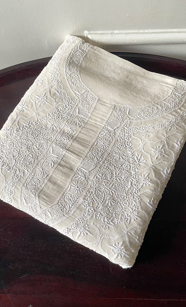 Lucknowi Handcrafted Pure Silk Georgette Chikankari Unstitched Men's Kurta Fabric - HONC0313305