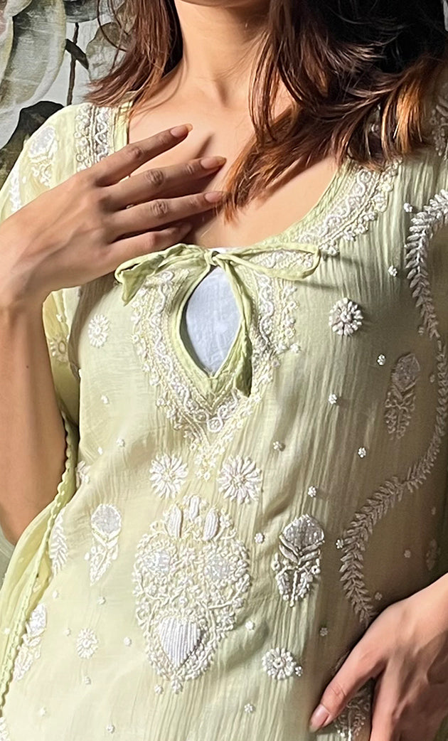 Rabia Women's Lucknowi Handcrafted Mul chanderi Chikankari Kaftan - HONCSOLD0001