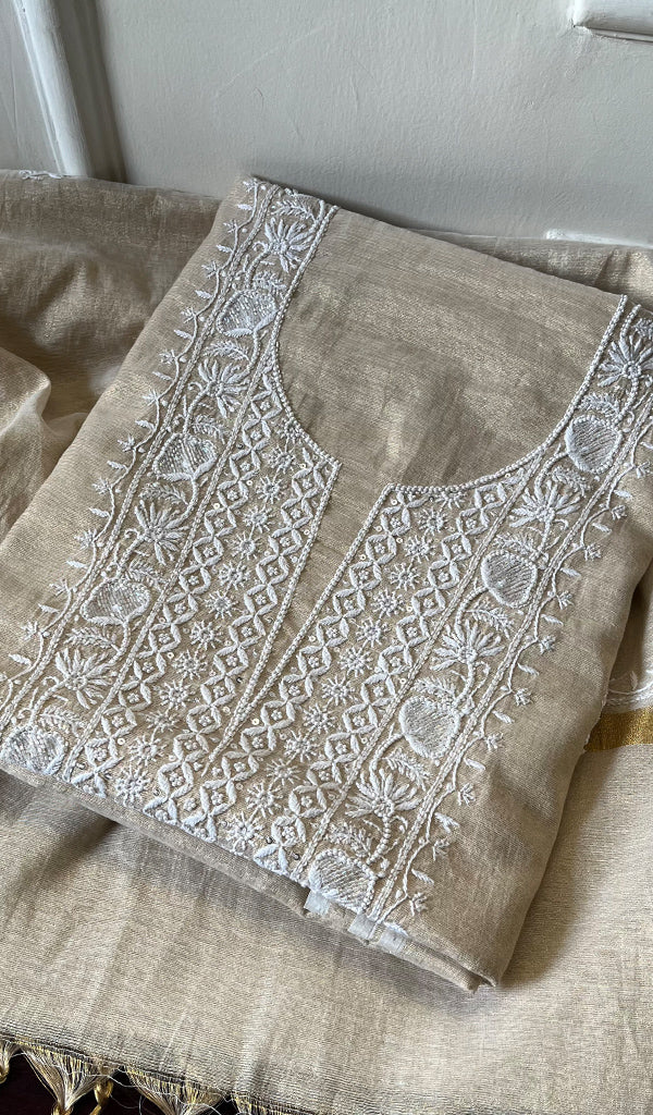 Women's Lakhnavi Handcrafted Tissue Chanderi Chikankari Kutra Dupatta Set - HONC0278158