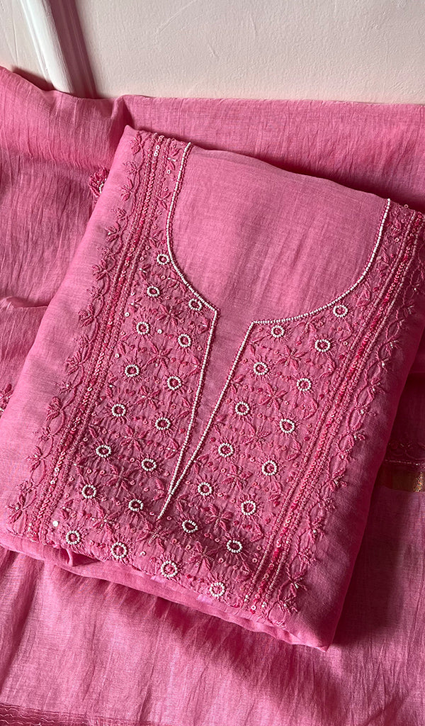 Women's Lucknowi Handcrafted Mul Chanderi  Chikankari Full Suit Material - HONC0260958