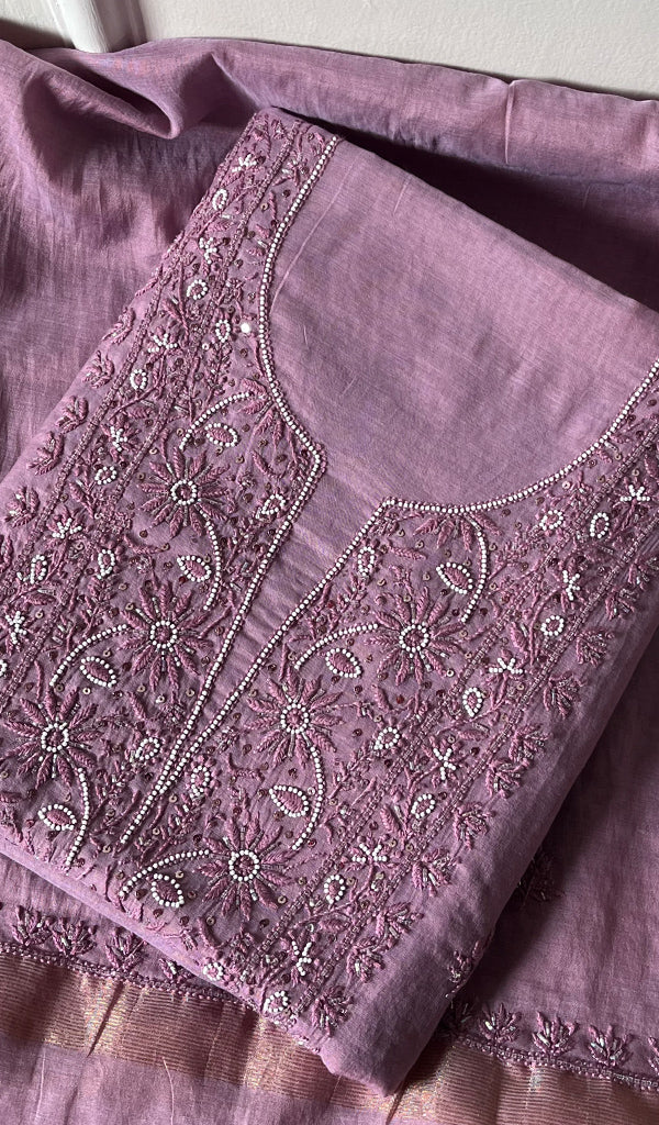 Women's Lakhnavi Handcrafted Mul Chanderi Chikankari Full Suit Material - HONC0271168