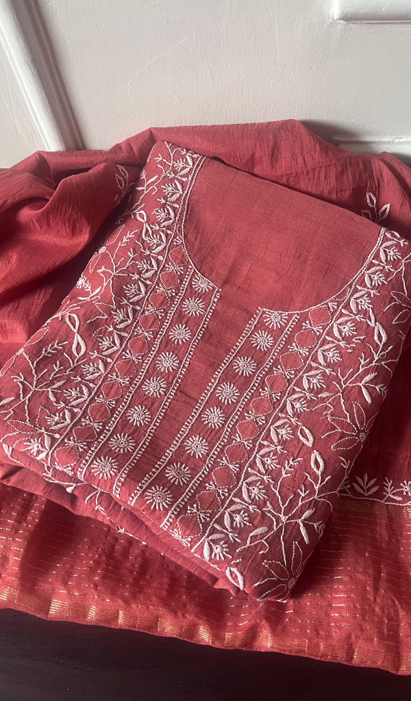 Women's Lakhnavi Handcrafted Mul Chanderi Unstitched Kurta And Dupatta Set - HONC0269579