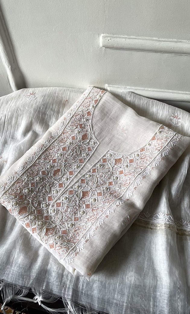 Women's Lakhnavi Handcrafted Unstitched Mul Chanderi Kurta And Dupatta Set - HONC0323593