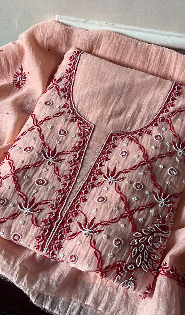 Women's Lakhnavi Handcrafted Mul Chanderi Unstitched Kurta And Dupatta Set - HONC0295591