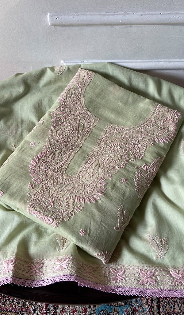 Women's Lakhnavi Handcrafted Cotton Unstitched Chikankari Suit Material - HONC0358187