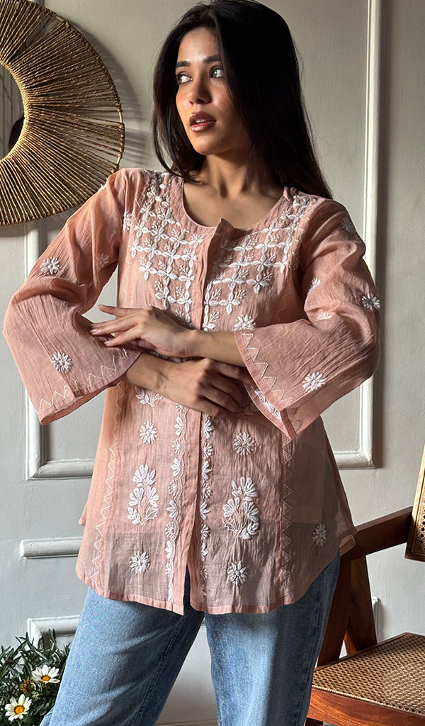 Vaanya Women's Lakhnavi Handcrafted Mul Chanderi Chikankari Top - HONC0334143