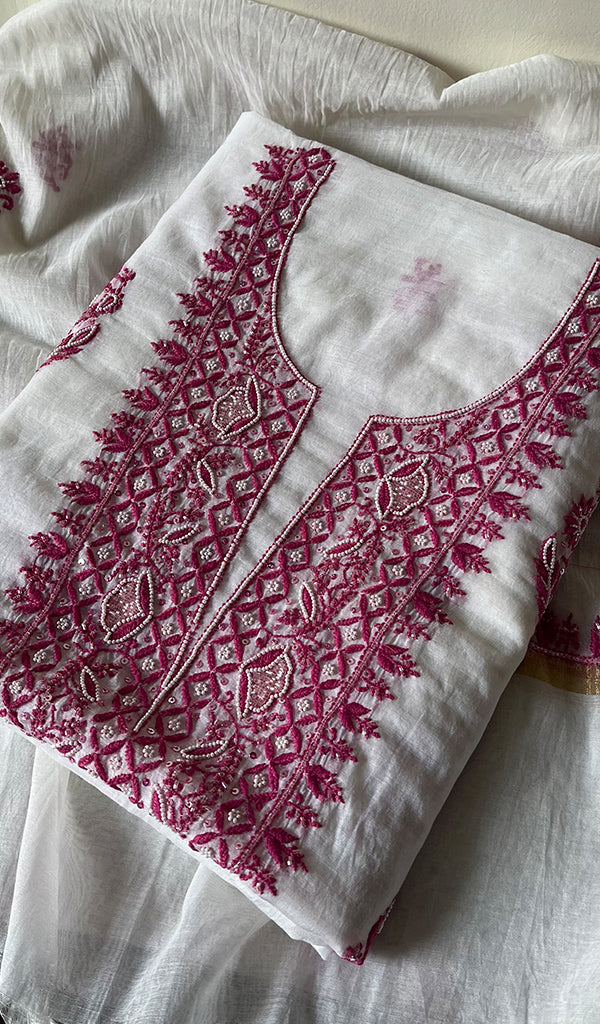 Women's Lakhnavi Handcrafted Mul Chanderi Unstitched Kurta And Dupatta Set - HONC0265849