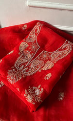 将图像加载到图库查看器中， Women's Lakhnavi Handcrafted Pure Organza Chikankari Unstitched Kurta And Dupatta Set- HONC0311711