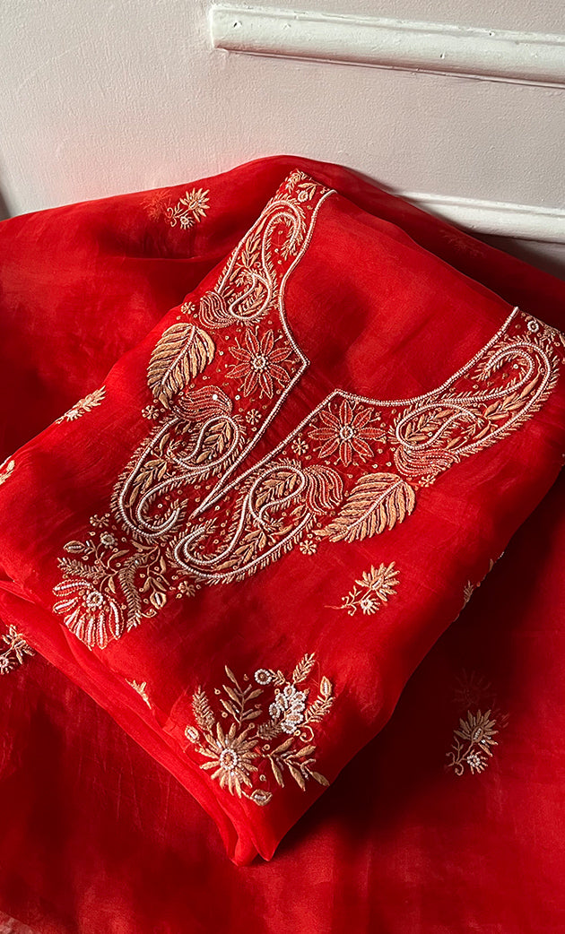 Women's Lakhnavi Handcrafted Pure Organza Chikankari Unstitched Kurta And Dupatta Set- HONC0311711