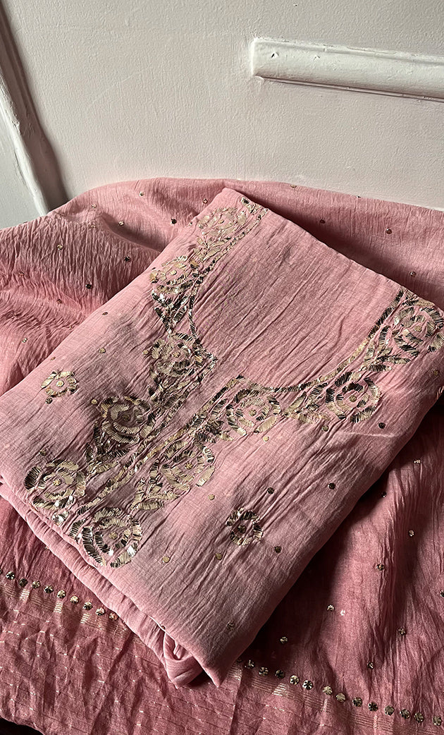 Women's Lakhnavi Handcrafted Mul Chanderi Unstitched Chikankari Full Suit Material - HONC0328517