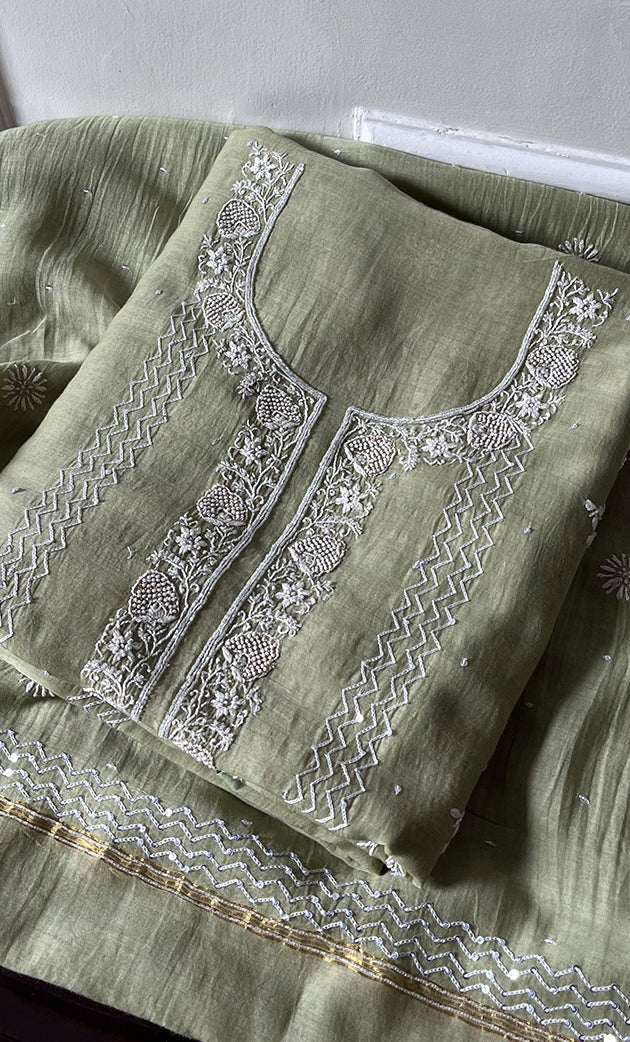 Women's Lakhnavi Handcrafted Mul Chanderi Unstitched Kurta And Dupatta Set - HONC0301227