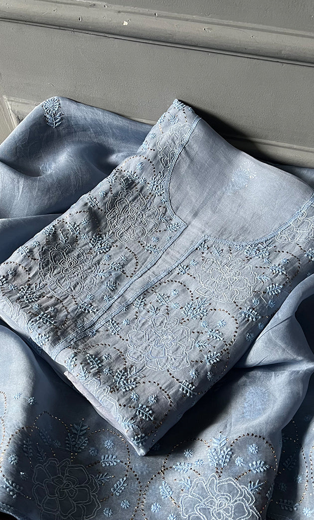 Mainaaj Women's Lakhnavi Handcrafted Pure Organza Chikankari Unstitched Kurta And Dupatta Set- HONC0279308