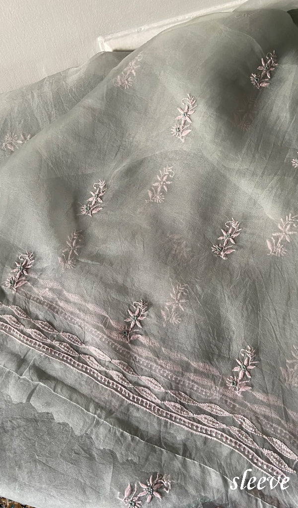 Women's Lakhnavi Handcrafted Pure Organza Chikankari Unstitched Kurta And Dupatta Set- HONC0335078