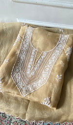 Load image into Gallery viewer, Women's Lakhnavi Handcrafted Pure Organza Chikankari Unstitched Kurta And Dupatta Set- HONC0368257