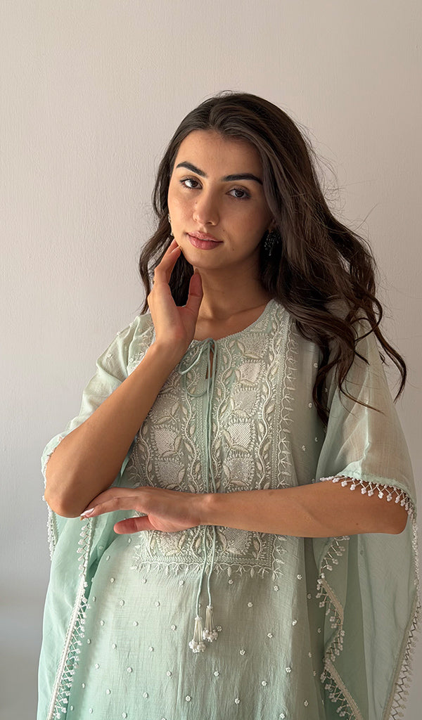 Pragya Women's Lucknowi Handcrafted Mul chanderi Chikankari Kaftan - HONC0487568