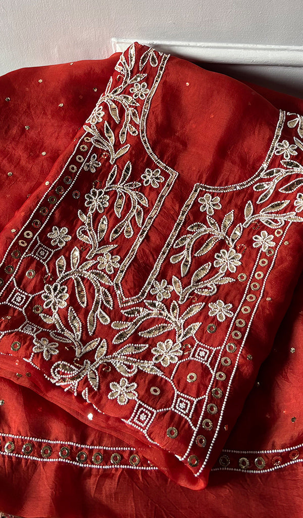 Women's Lakhnavi Handcrafted Pure Organza Chikankari Unstitched Kurta And Dupatta Set- HONC0341318