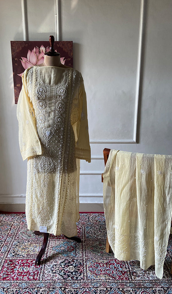 Women's Lakhnavi Handcrafted Mul Chanderi Semi - stitched Chikankari Full Suit Material - HONC0360094