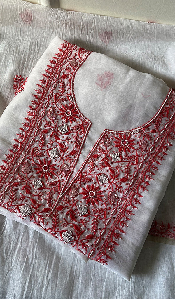 Women's Lakhnavi Handcrafted Mul Chanderi Unstitched Kurta And Dupatta Set - HONC0273255