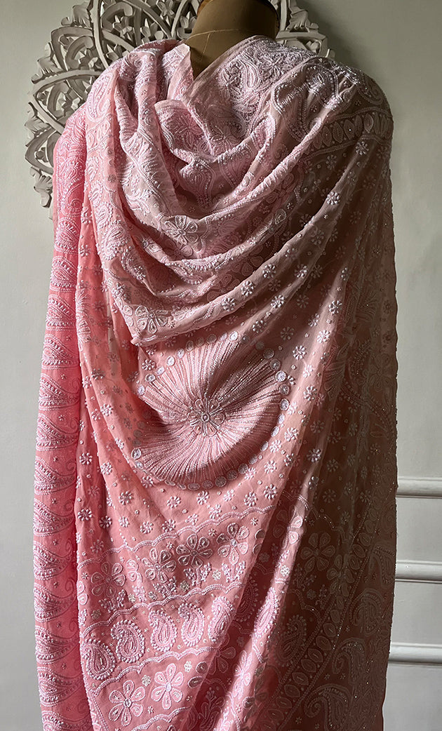 Women's Lakhnavi Handcrafted Pure Silk Georgette Chikankari Saree - HONC0285571