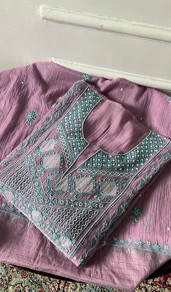 Women's Lakhnavi Handcrafted Mul Chanderi Semi - Stitched Anarkali And Dupatta Set - HONC0376017