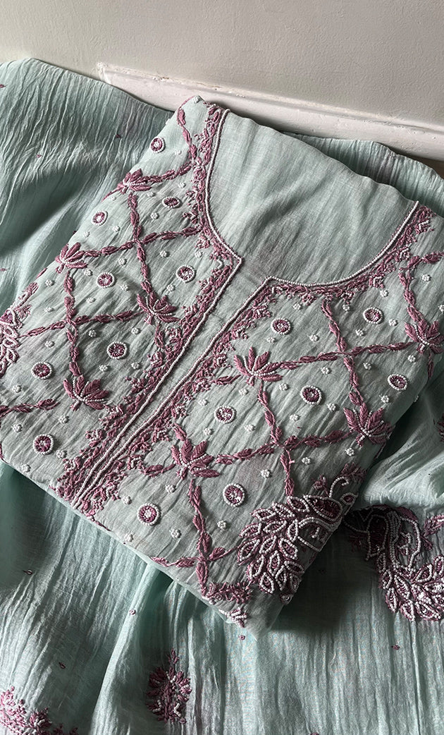 Women's Lakhnavi Handcrafted Mul Chanderi Unstitched Kurta And Dupatta Set - HONC0302268