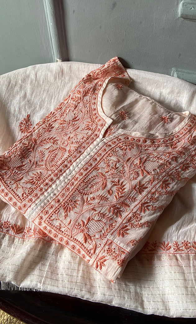 Women's Lakhnavi Handcrafted Mul Chanderi Semi - Stitched Kurta And Dupatta Set - HONC0273083