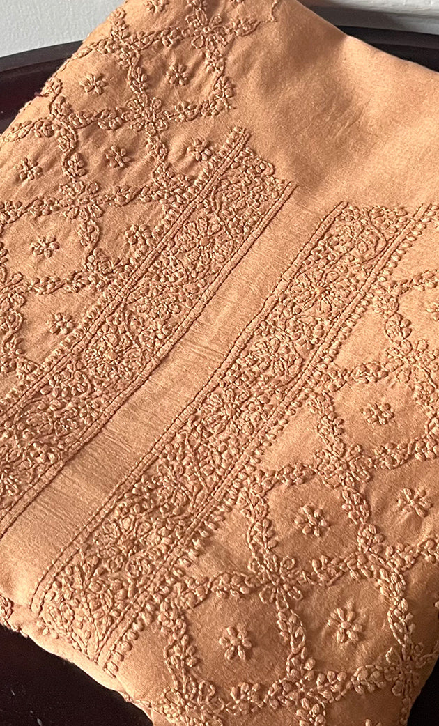 Lucknowi Handcrafted Chanderi Silk Mens Chikankari Unstitched Kurta Fabric- HONC0327449