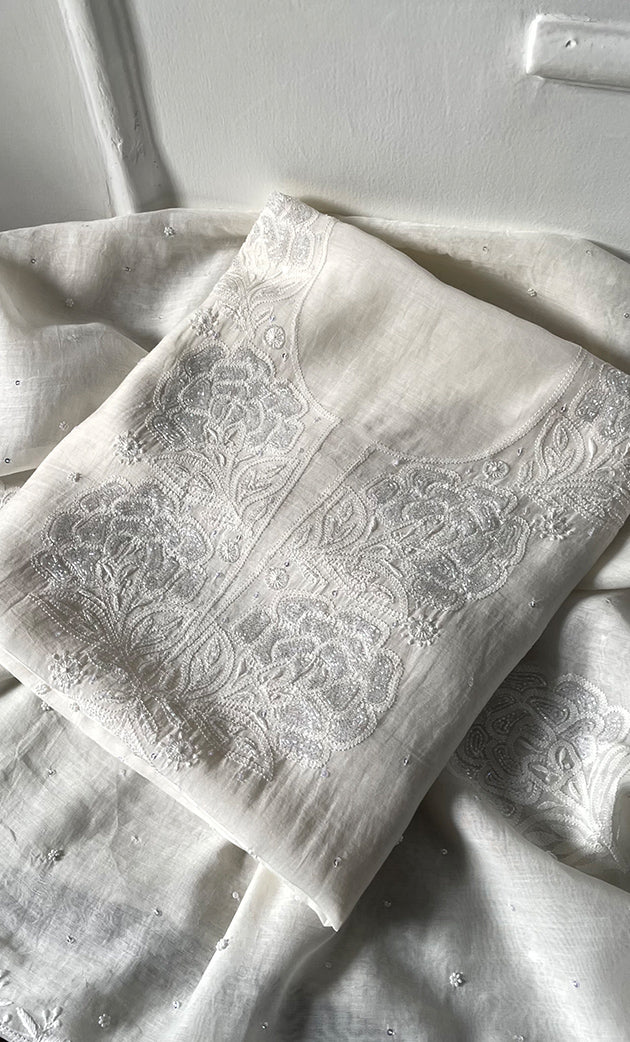 Women's Lakhnavi Handcrafted Unstitched Mul Chanderi Kurta And Dupatta Set - HONC0324844