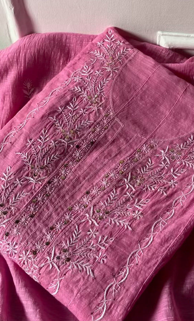 Women's Lakhnavi Handcrafted Chanderi Silk Semi - Stitched Anarkali And Dupatta Set - HONC0273164
