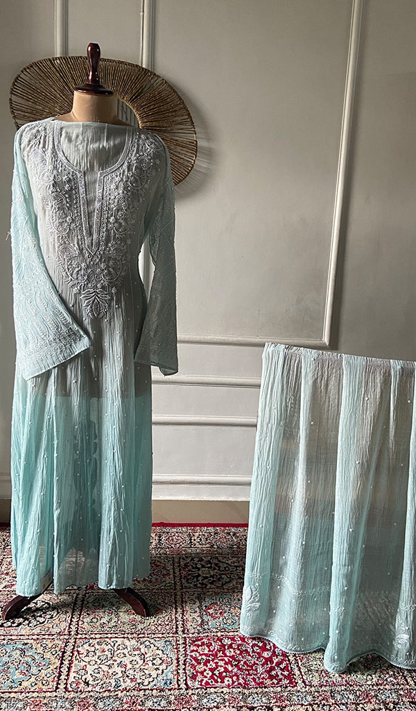 Women's Lakhnavi Handcrafted Mul Chanderi Semi - Stitched Anarkali And Dupatta Set - HONC0374955