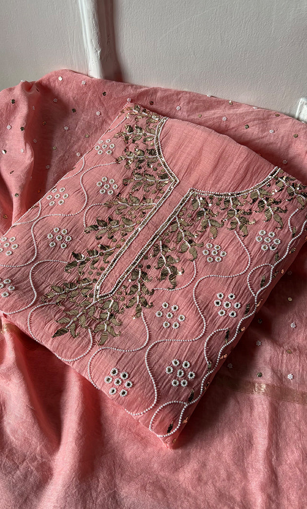 Women's Lakhnavi Handcrafted Mul Chanderi Unstitched Chikankari Full Suit Material - HONC0320706